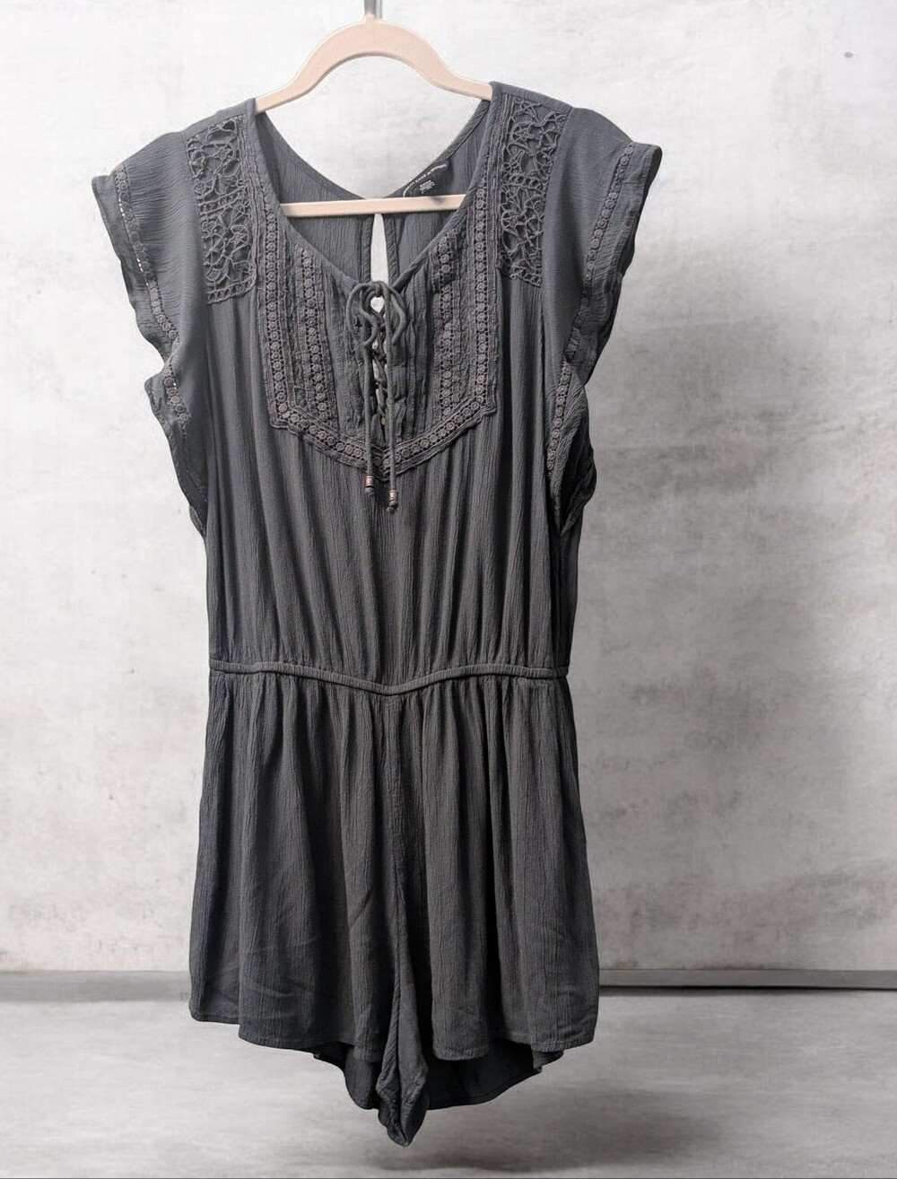 American Eagle Outfitters Gray Blue Embroidered Lace-Trim Romper